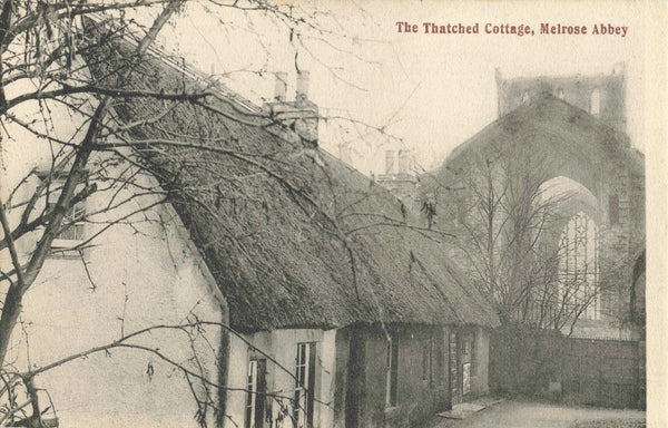 Old postcard of the Thatched Cottage, Melrose Abbey