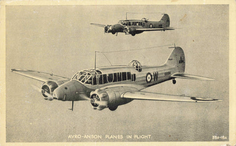 Old aviation postcard of Avro-Anson planes in flight