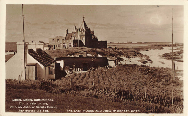 Old real photo postcard, of Last House &amp; John O'Groats Hotel