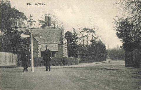 Old postcard of Bickley in Kent, showing two policemen standing in road