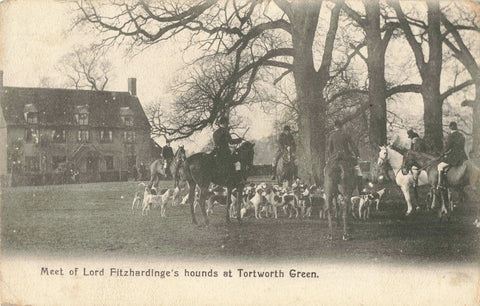 Old postcard of the Meet of Lord Fitzhardinge's hounds at Tortworth Green in Gloucestershire