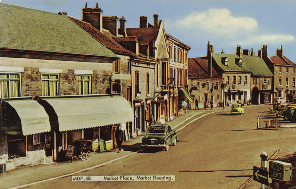 Old postcard of Market Place, Market Deeping in Lincolnshire