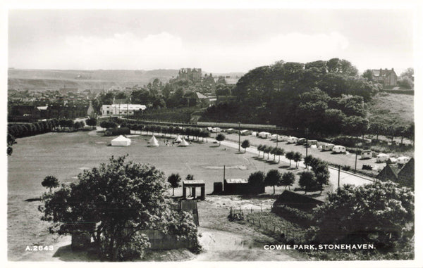 Old real photo postcard of Cowie Park, Stonehaven showing old caravans