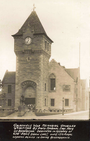 Old postcard of Galashiels War Memorial in Selkirkshire