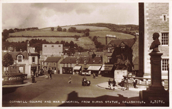 Old real photo postcard of Galashiels Cornmill Square &amp; War Memorial from Burns Statue, in Selkirkshire