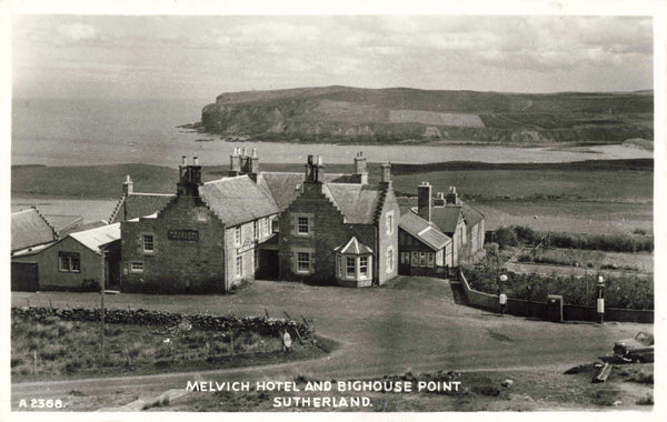 Old real photo postcard of Melvich Hotel and Bighouse Point, Sutherland