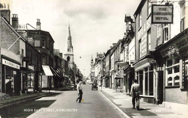 Old real photo postcard of High Street East, Dorchester