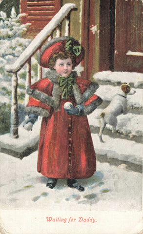 Old postcard, a small girl waiting for Daddy