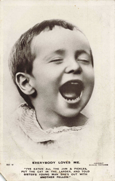 Old 1908 postcard showing a mischievous little boy saying Everybody Loves Me!