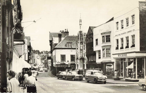 Old real photo postcard of City Cross, High Street, Winchesrer, Hampshire