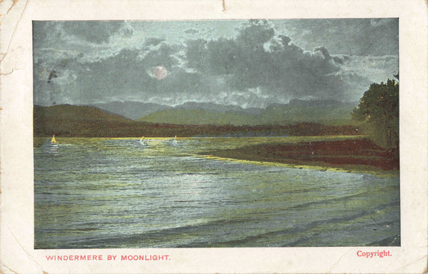 Old postcard, Windermere by Moonlight, Lake District