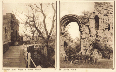 Old postcard of Chester City Walls and the Water Tower and St John's Ruins