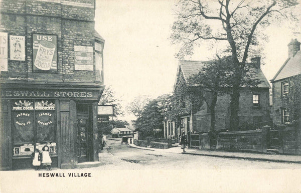 Old postcard of Heswall Village, showing Heswall Stores - Wirral, Cheshire