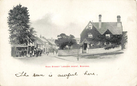 Old postcard of High Street, (Looking Down) Bidford in Warwickshire