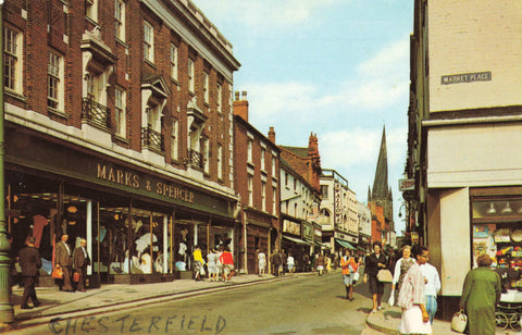 Old postcard of High Street, Chesterfield in Derbyshire