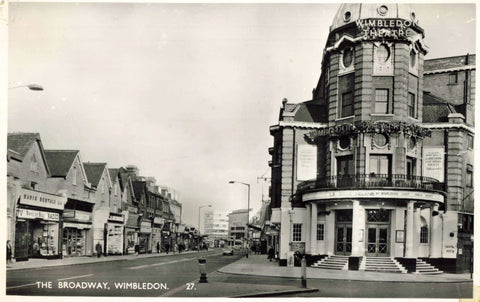 Old real photo postcard of The Broadway, Wimbledon, London