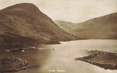 Old real photo postcard of Loch Skene, near Moffat