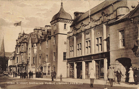 Old postcard of High Street, showing Public Library, Peebles