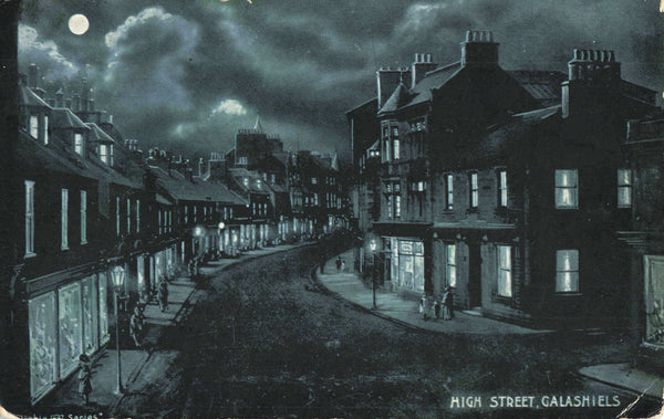 Old moonlight scene of High Street, Galashiels, early 1900s postcard