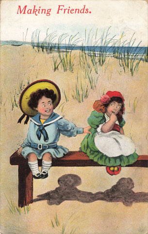 Early 1900s postcard showing two children, titled Making Friends