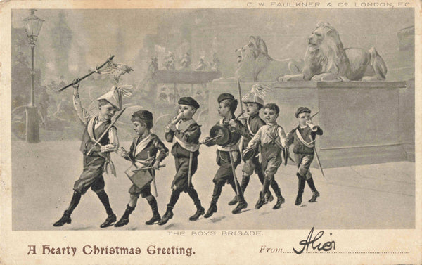 Old postcard, Boys Brigade A Hearty Christmas Greeting, posted in 1903