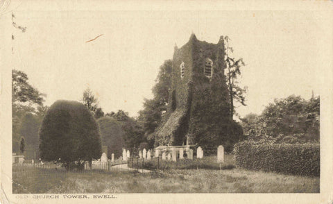 Old postcard of Ewell Church Tower in Surrey