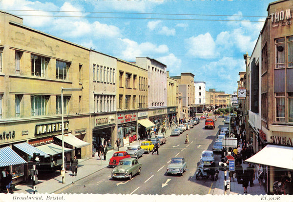 Modern size postcard of Broadmead, Bristol - old cars