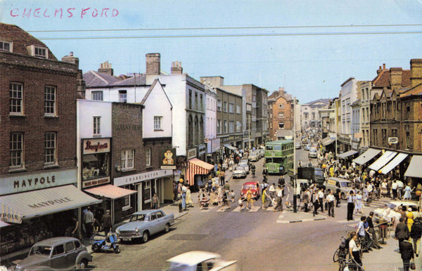 Old postcard of High Street, Chelmsford in Essex busy traffic