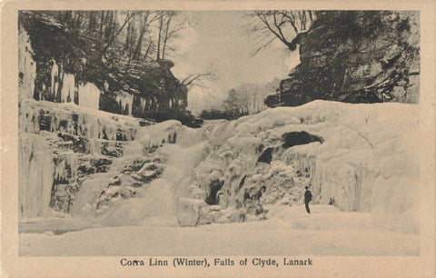 Old postcard of Corra Linn in Winter, Falls of Clyde, Lanark