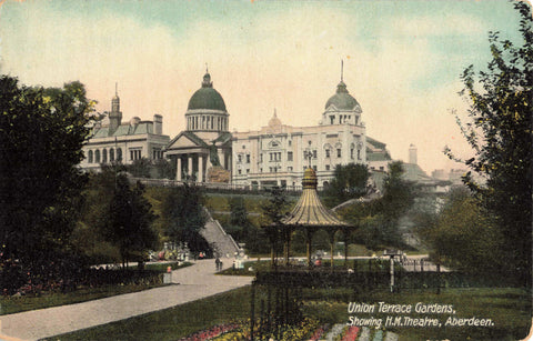 Old postcard of Union Terrace Gardens showing HM Theatre, Aberdeen