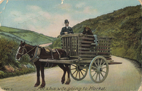 Old Irish postcard of Pat and his wife going to Market