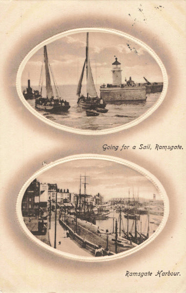 Old postcard of Ramsgate, embossed dual view, 1910