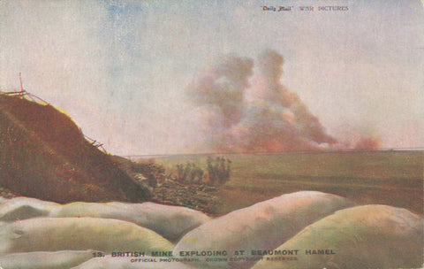 British mine exploding at Beaumont Hamel, Somme, France, war postcard