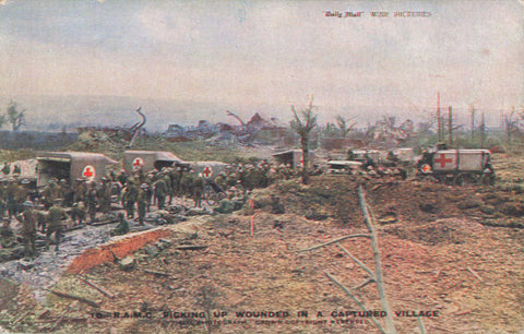 R.A.M.C. PICKING UP WOUNDED IN CAPTURED VILLAGE, WAR POSTCARD