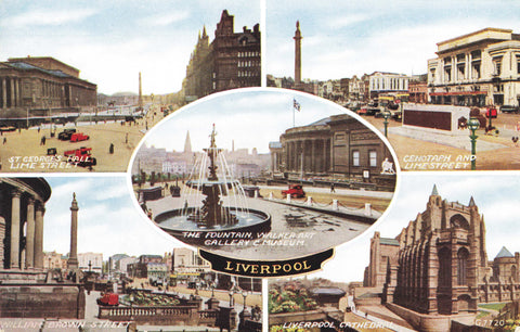 Old multiview colour postcard of Liverpool