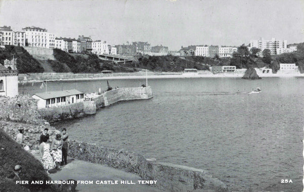 Early 1960s postcard of Pier &amp; Castle Hill from Harbour, Tenby in Pembrokeshire