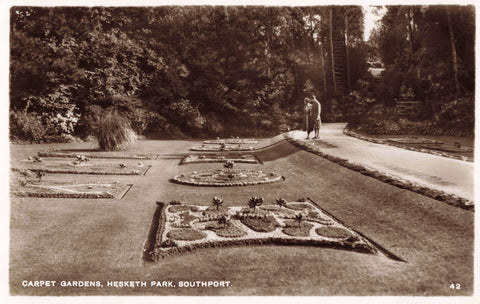 Old postcard of Carpet Gardens, Hesketh Park, Southport