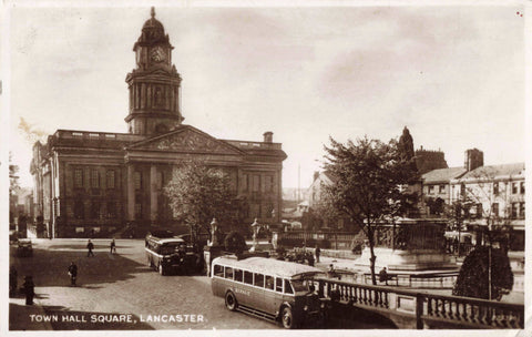 Old real photo postcard of Town Hall Square, Lancaster