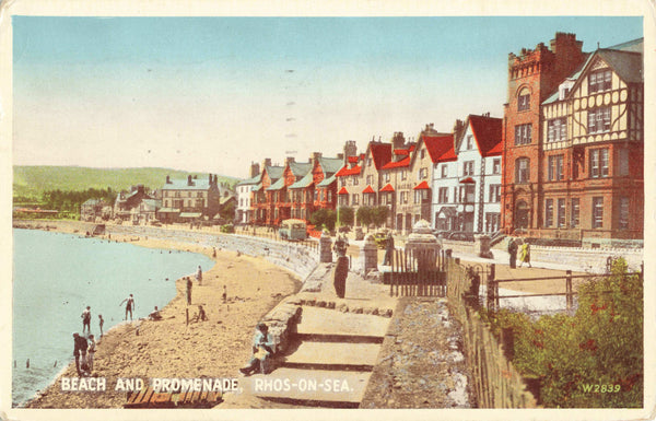 Early 1950s postcard of Beach and Promenade, Rhos on Sea in Denbighshire