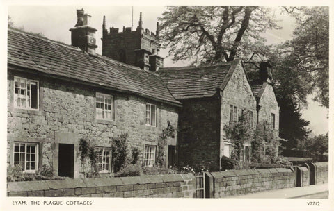 Old real photo postcard of Eyam, The Plague Cottages in Derbyshire