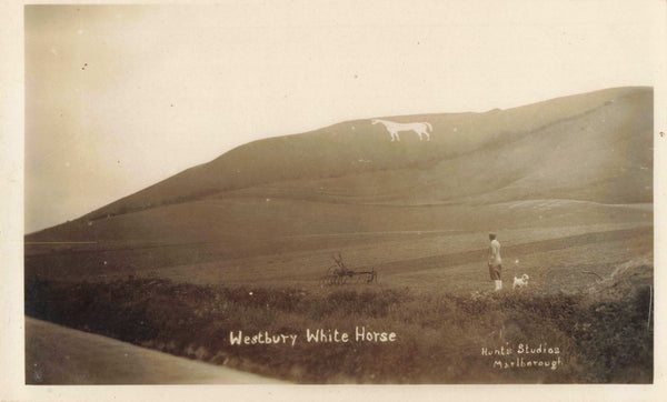 Old real photo postcard of Westbury White Horse in Wiltshire