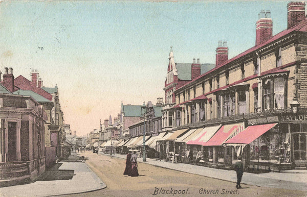 Old postcard of Church Street, Blackpool in every early 1900s