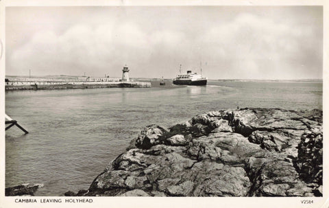 Real photo postcard titled Cambria leaving Holyhead - Anglesey