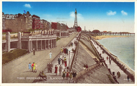 Old postcard of Three Promenades, N.S., Blackpool in Lancashire