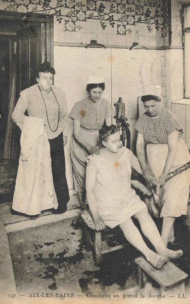 Old postcard showing how to take a shower in Aix-les-Bains, France