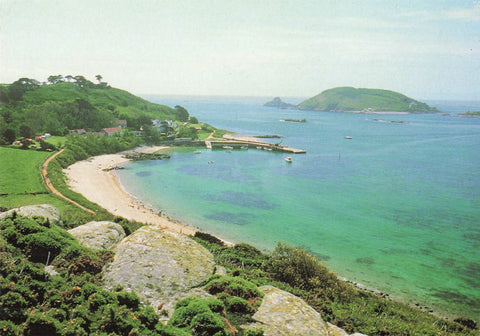 Modern size postcard of Herm Island, Jethou in the distance