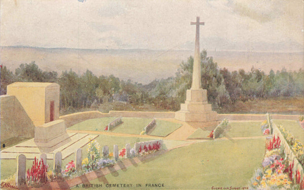 Old postcard from WW1 of a British cemetery at Corbie, Somme region, France