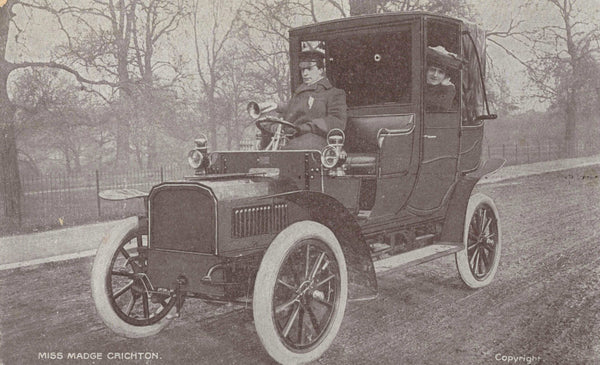 Old postcard of Miss Madge Crichton, Edwardian actress in vintage car