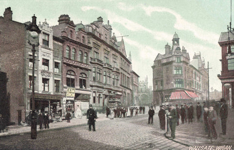 Old postcard of Wallgate, Wigan in Lancashire (now Greater Manchester)