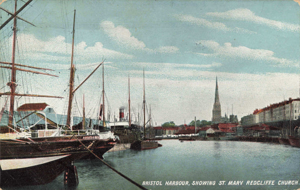 Old postcard of Bristol Harbour showing St Mary Redcliffe Church